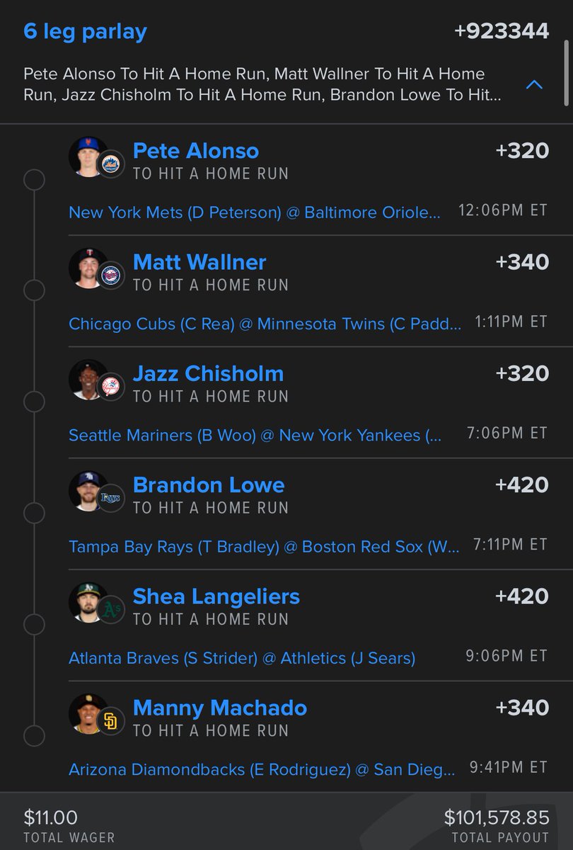 PlusEVKing's tweet photo. Fanduel MLB Home Run Lotto ⚾️🎰

$11 to win 100k 🤑 https://t.co/4YreexkCS8