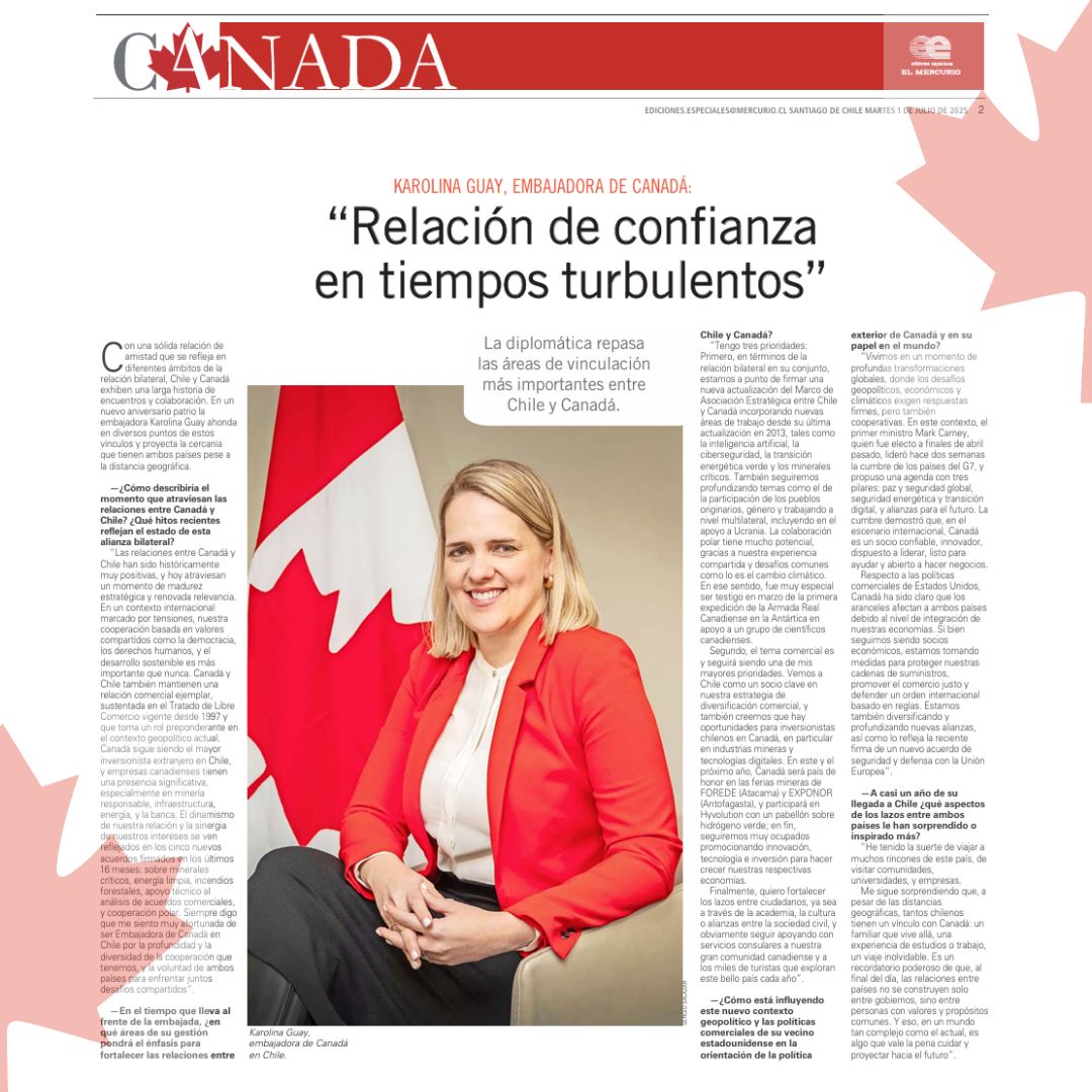 🇨🇦 ¡La semana pasada celebramos el Día de Canadá con suplementos en El Mercurio y Diario Financiero! 
¿Te lo perdiste? Hoy te compartimos la entrevista a la embajadora @Karolina_Guay en El Mercurio.
🌎 Chile y Canadá, de polo a polo, construyendo puentes. #DíaDeCanadá2025