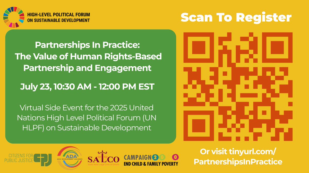 📢 You're invited! Join us for a #UNHLPF virtual side event: Partnerships in Practice: The Value of Human Rights-Based Partnership and Engagement 
📅 July 23 | 🕥 10:30 AM–12 PM EST 
🔗 Register: tinyurl.com/partnershipsin…
#HLPF2025 #PartnershipsfortheGoals