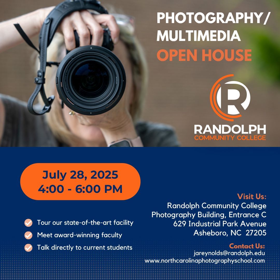 Randolph CC (@randolphcc) on Twitter photo Thinking about photography or media as a career? ππΈ
Come to RCCβs Photography/Multimedia Open House July 28, 4-6 p.m.!
β
Tour our studios
β
Meet award-winning instructors
β
Chat with current students
π northcarolinaphotographyschool.com
π§ jareynolds@randolph.edu Thinking about photography or media as a career? ππΈ
Come to RCCβs Photography/Multimedia Open House July 28, 4-6 p.m.!
β
Tour our studios
β
Meet award-winning instructors
β
Chat with current students
π northcarolinaphotographyschool.com
π§ jareynolds@randolph.edu