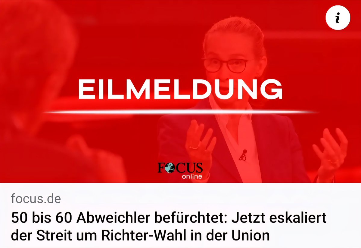 Es gibt 2 Optionen:
1. Merz wird von der eigenen Fraktion sabotiert. Dann ist er erledigt.
2. Die Fraktion wählt Brosius-Gersdorf. Dann ist die ganze Union bei den nächsten Wahlen erledigt.
Was wird passieren?