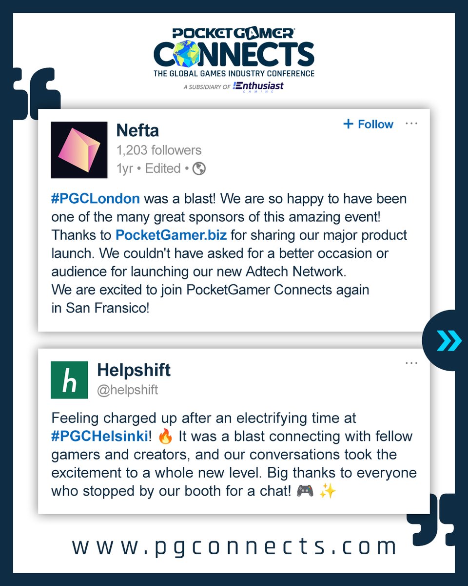 PGConnects's tweet image. Here’s a look at what brands had to say about @PGConnects last year 👇
 
Shared your PGC experience in the past? 
 
 We’ve seen it and we're grateful - keep them coming.
 
We’re always listening and taking notes! #gamedevcommunity #gameindustry #gamesevents
