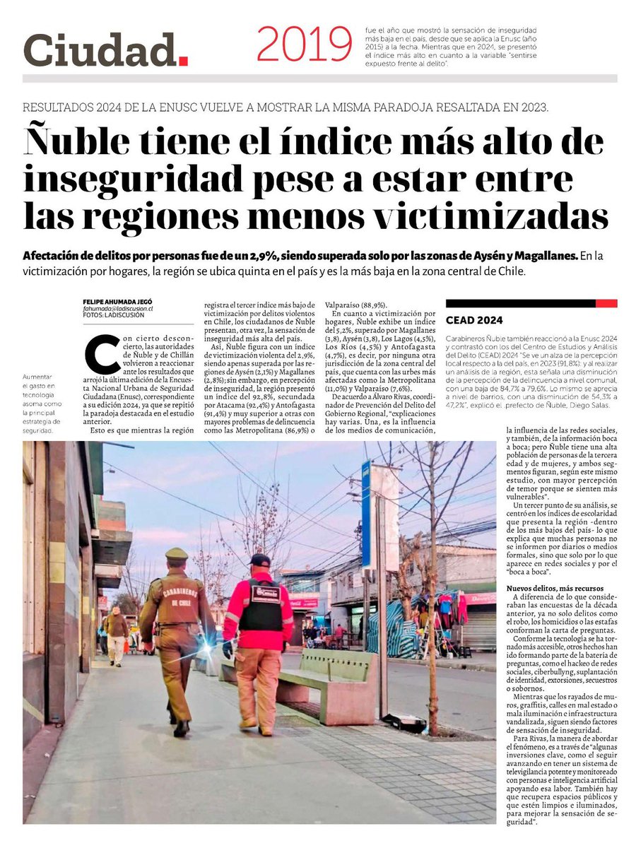 mgnuble's tweet photo. 🔍 Ñuble lidera en percepción de inseguridad a nivel nacional, pese a estar entre las regiones con menor victimización (2,9%).
Desde la Multigremial reafirmamos nuestro compromiso por mejorar la seguridad y confianza en la región.
#Ñuble #ENUSC2024 #Seguridad https://t.co/9SYdOAhMeV