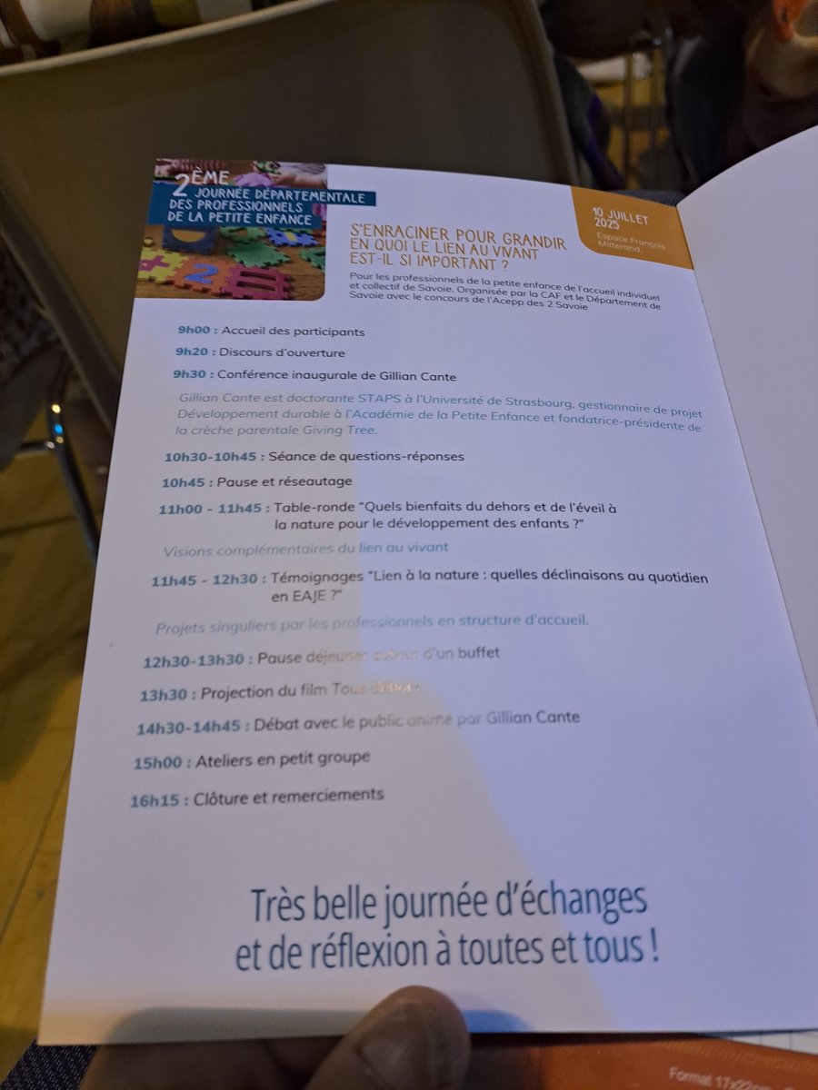 Caisse d'allocations familiales de la Savoie (@caf73_actus) on Twitter photo #CAF73 + <a href="/savoiedepart/">Savoie Département</a> +ACEPP 73/74
JOURNEE départementale à destination des professionnels de la #petiteenfance.
Petite enfance et nature / conférencière qui pratique ce lien dans une #crècheparentale
Conférence, tables rondes, film… Belle journée fédératrice et ressourçante ! #CAF73 + <a href="/savoiedepart/">Savoie Département</a> +ACEPP 73/74
JOURNEE départementale à destination des professionnels de la #petiteenfance.
Petite enfance et nature / conférencière qui pratique ce lien dans une #crècheparentale
Conférence, tables rondes, film… Belle journée fédératrice et ressourçante !