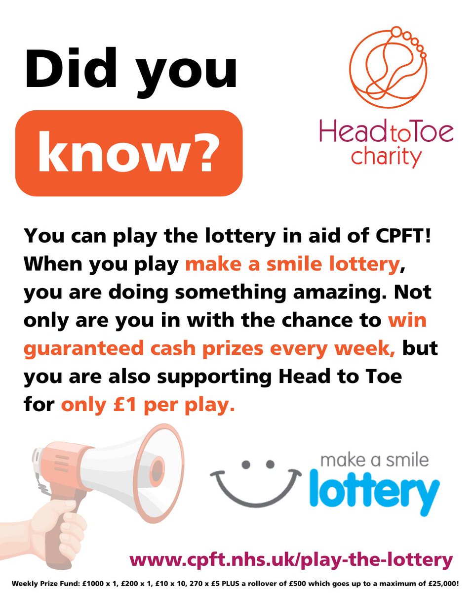 head2toecharity's tweet image. Did you know you can play the lottery in aid of Head to Toe?

Make a Smile Lottery is a weekly fundraising lottery - a fun and exciting way to support Head to Toe and help us raise vital funds to support CPFT.

It’s just £1 per play!  👉 bit.ly/3GCWyJY