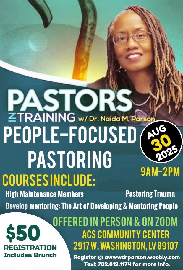 NACFAliante's tweet photo. 📣 Calling all pastors and leaders! Join Dr. Naida M. Parson 
for People-Focused Pastoring 🗓 August 30, 2025 
🕘 9AM–2PM |In-person at ACS Community Center ( or Zoom) 💵 Only $50 (includes brunch!
🔗 Register now: https://t.co/qDWWCA6SDW 📱 Text 702.812.1174 for more info https://t.co/2O4Fwat3Vf