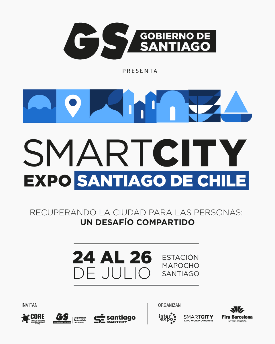 Junto con el <a href="/Gob_Santiago/">Gobierno de Santiago</a> te invitamos a participar de la Smart City Expo Santiago 2025.
Del 24 al 26 de julio llega el evento de innovación urbana más importante de Chile.
¡Te esperamos en Estación Mapocho! 
Inscríbete gratis en smartcityexposantiago.com