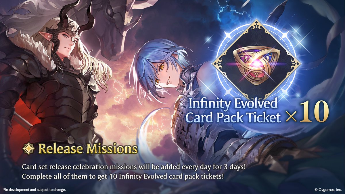 shadowversegame's tweet photo. We're celebrating Infinity Evolved with release celebration missions! Complete all of the missions to get 10 card pack tickets. 🎁

#ShadowverseWB https://t.co/JYrQVWUji0