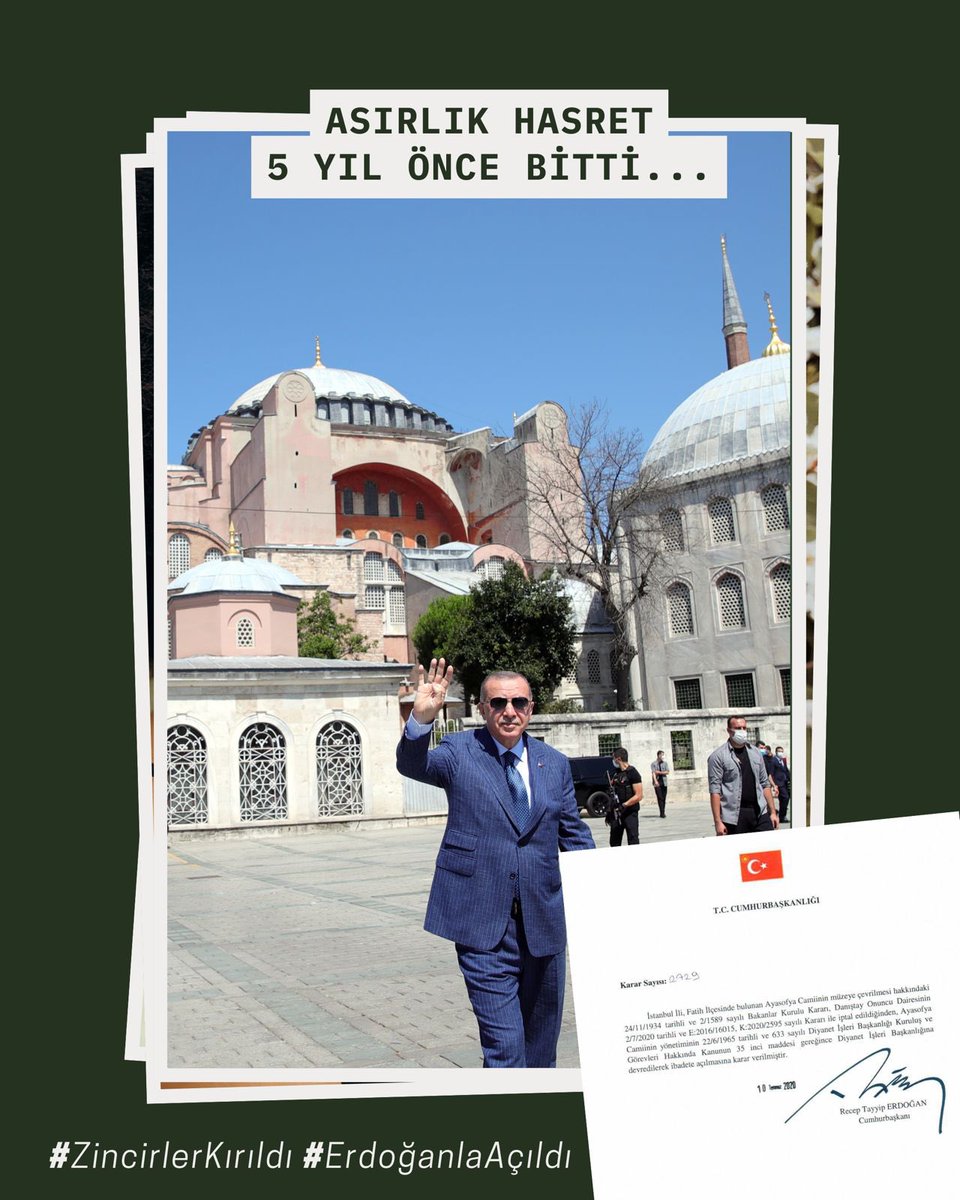 📅 5 Yıl Önce Bugün

Cumhurbaşkanımız Sayın Recep Tayyip Erdoğan’ın imzasıyla alınan kararla, Ayasofya, 86 yıl aradan sonra yeniden cami olarak ibadete açıldı.

Bu karar, milletimizin inancına, tarihine ve kültürel mirasına sahip çıkma iradesinin güçlü bir simgesi olmuştur.