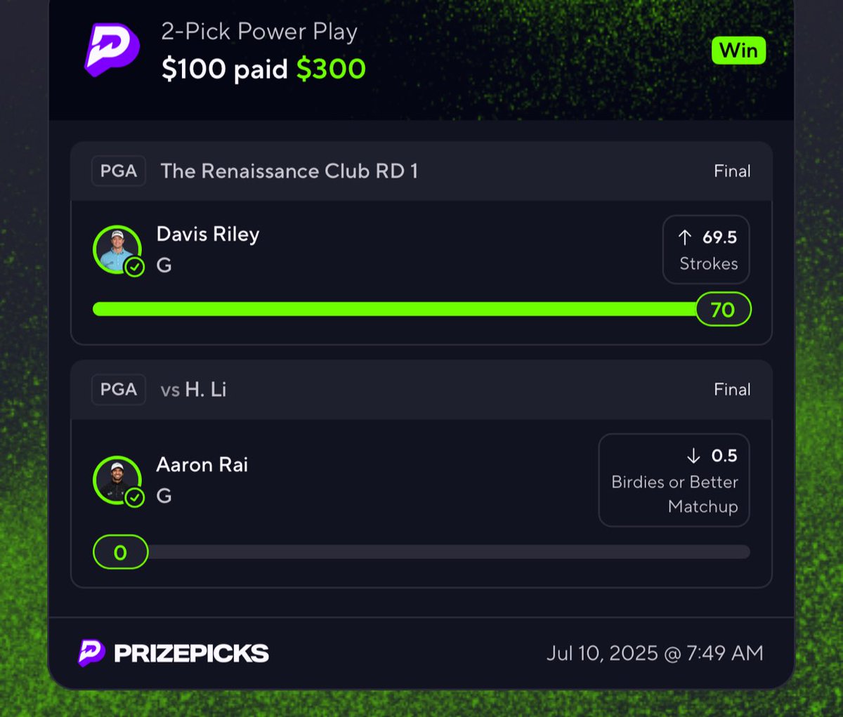 HOW ABOUT THAT FOR A START TO THE MORNING✅‼️

CASH THE FREE PLAY⛳️

We are currently 3/3 on slips in premium including a 4 man…👀

I told you guys we absolutely SHRED this tournament.🔥
