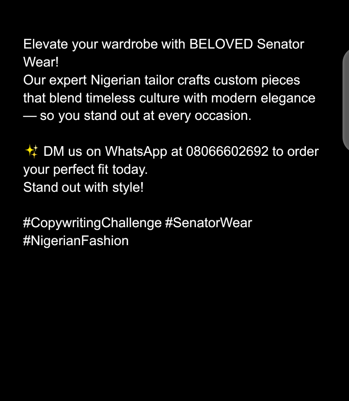AdesusiTemitop4's tweet image. #Day_10_of_45_days_copywriting_challenge
This copy is created as part of  my challenge. Your constructive criticism are welcome.

#CopywritingChallenge #SenatorWear #NigerianFashion