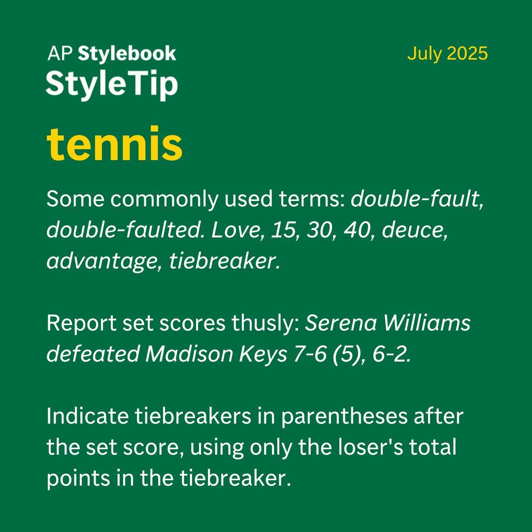 APStylebook's tweet image. Whether you're watching some of the world's best tennis players at Wimbledon or you're on the courts yourself this summer, we are serving up some key tennis terms in AP style.
apnews.com/hub/wimbledon
