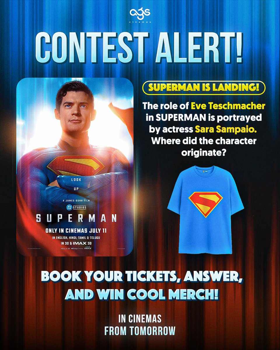Only true Superman fans will get this one!
Answer below, book your tickets, and win official merch! 🥳

Terms and conditions apply*

Book your tickets now 🎟️ 

🔗linktr.ee/agscinemasbook…

#SuperMan #SupermanMovie #AGSCinemas #BookNow