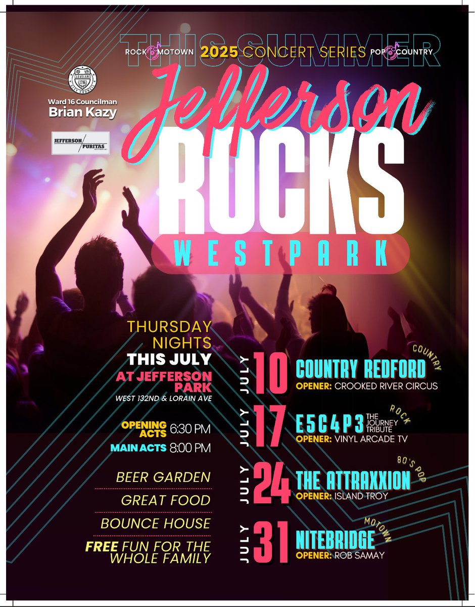Jefferson Rocks Westpark kicks off tonight with Country Redford headlining at 8:00pm. Crooked River Circus performs at 6:30pm. Beer garden, food and fun for the whole family! ⁦<a href="/CityofCleveland/">City of Cleveland</a>⁩ ⁦<a href="/CleCityCouncil/">CleCityCouncil</a>⁩ West 133rd &amp; Lorain Ave. Hope to see you there!