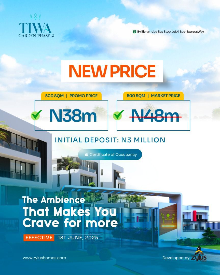 mabostone's tweet photo. TIWA GARDEN PHASE 2 IS BACK AND BETTER!

Not all opportunities give second chances
Strategically located by Eleran Igbe Bus Stop, Lekki-Epe Expressway, this estate is perfectly tailored for comfort lifestyle 
 500 SQM – Now selling at ₦38M
 Initial Deposit: ₦3M
C of O https://t.co/bwIt8NQt8V