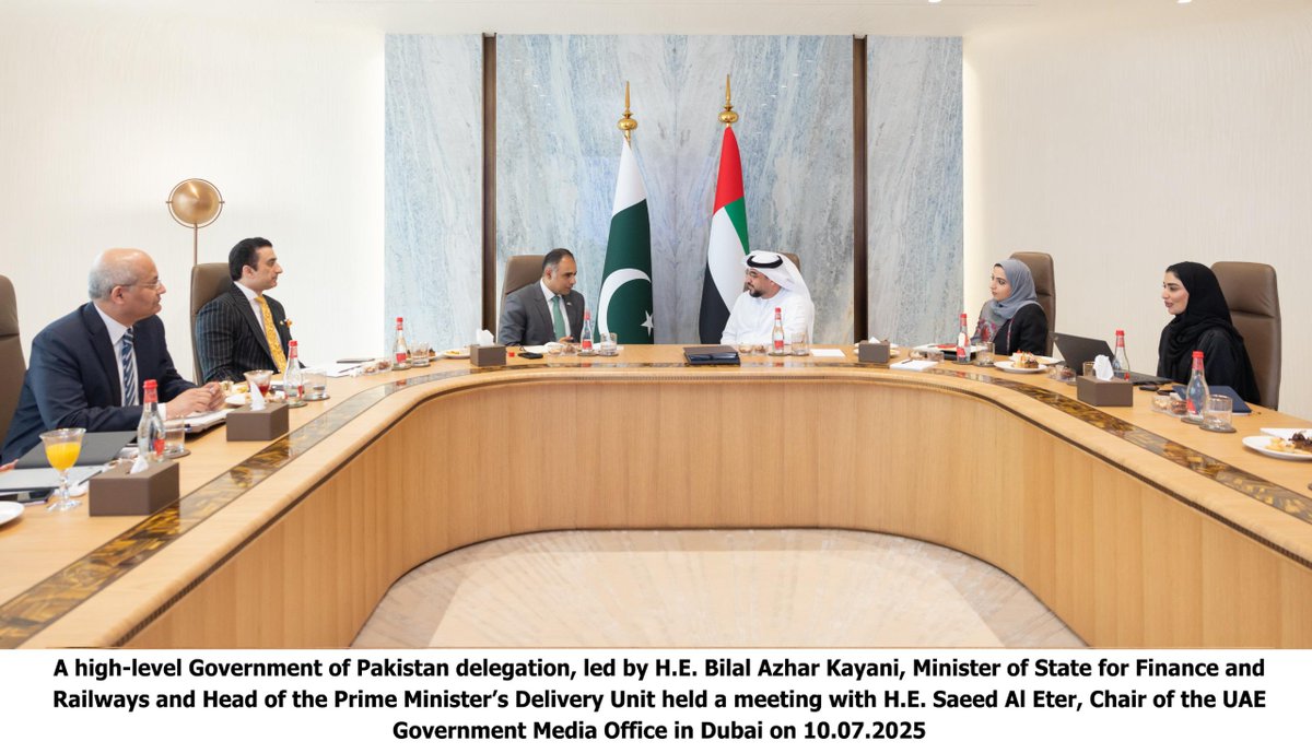 PakinUAE_'s tweet photo. PAKISTAN EMBASSY
ABU DHABI
***
Press Release

Pakistan Delegation Led by Bilal Azhar Kayani Concludes High-Level Interactions in the UAE
A high-level Government of Pakistan delegation led by Bilal Azhar Kayani, Minister of State for Finance and Railways and Head of the Prime Minister’s Delivery Unit, concluded an official visit to the United Arab Emirates under the UAE Government’s Experience Exchange Programme (EEP).

The visit aligned with Prime Minister Muhammad Shehbaz Sharif’s vision of institutional reform and modernization of public sector governance. Mr. Kayani expressed gratitude to the UAE Government for facilitating valuable knowledge-sharing engagements in areas such as digital governance, public service delivery, and tax system modernization. He emphasized the importance of learning from the UAE’s models of governance and innovation.

On the final day of the visit, the Pakistani delegation held detailed sessions with senior UAE officials, including Mr. Mohammad Al Sharhan, Managing Director, World Governments Summit & Director, Government Leaders, and Talents Department, H.E. Khalid Ali Al Bustani, Director General, Federal Tax Authority (FTA), H.E. Saeed Al Eter, Chair, UAE Government Media Office Dr. Waleed Al Ali, Secretary General, The Digital School, H.E. Khalfan Belhoul, CEO, Dubai Future Foundation and officials of the Executive Directorate of Government Performance and Excellence. Each session provided insights into the UAE’s strategic approach to leadership development, digital transformation, future foresight, and media communication in governance.

Mr. Kayani underscored Pakistan’s commitment to adopting global best practices in digital governance, efficiency, and public sector competitiveness to enhance service delivery and institutional performance.

Led by Bilal Azhar Kayani, the eight-member delegation included Mr. Ali Zahid, Member of the National Assembly, Mr. Mosharraf Zaidi, Chief Coordinator Government Performance and Innovation Prime Minister’s Office, Mr. Zarrar Hasham Khan Secretary IT and Telecom and other senior official of the Prime Minister’s Office. This high-level engagement builds on the Memorandum of Understanding (MoU) signed on 16 June 2025 between the UAE Ministry of Cabinet Affairs and Pakistan’s Ministry of Planning, Development and Special Initiatives—further reinforcing the two nations’ shared commitment to excellence in governance and institutional collaboration.

Dubai, July 10, 2025

1/3