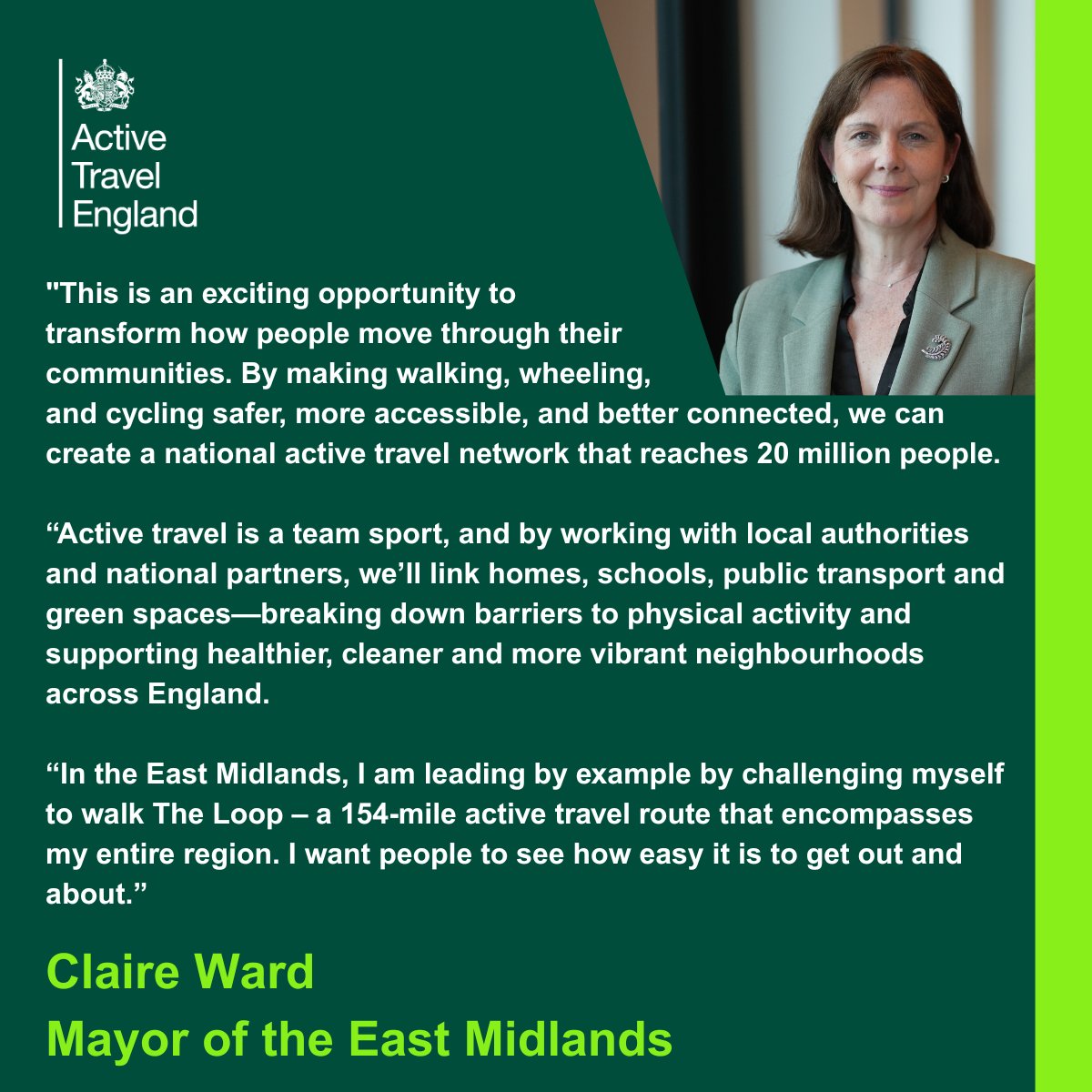activetraveleng's tweet image. In the East Midlands @ClaireWard4EM is striding towards improving walking, wheeling and cycling for all, to better connect and improve the health of communities.
More: activetravelengland.gov.uk/news/englands-…