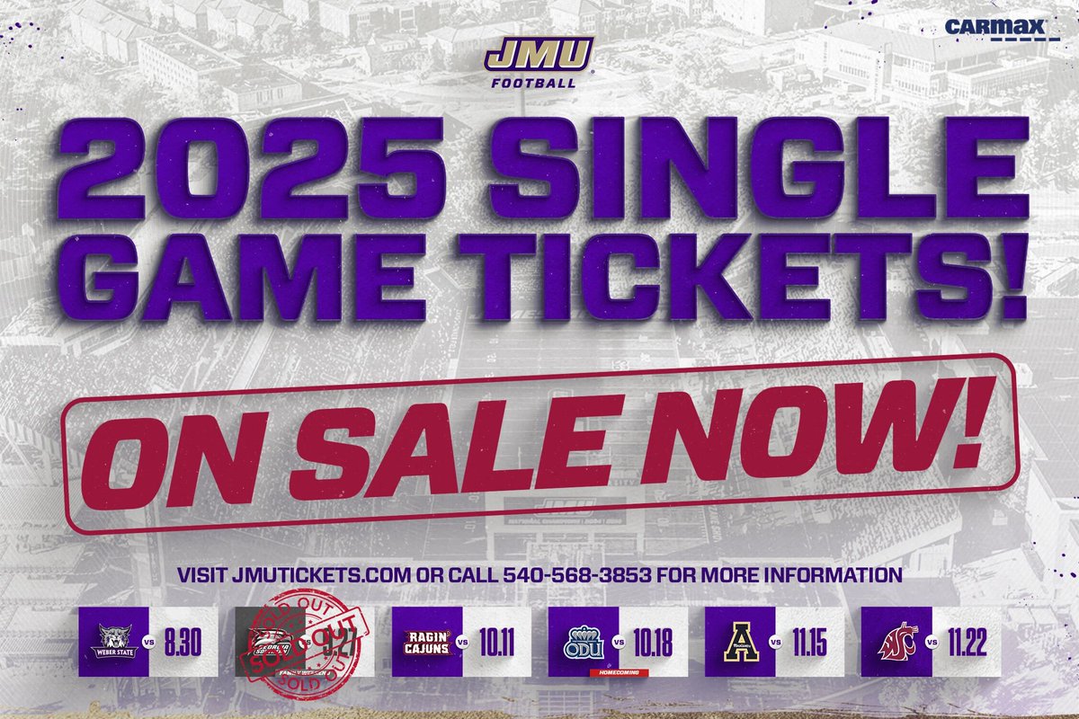JMUSports's tweet image. ON SALE NOW! 🥳
Single game tickets for the 2025 @JMUFootball season are on sale now!
As a reminder, all public single game tickets for Family Weekend sold out during the @JMUDukeClub Member presale earlier this week.
🎟️ | bit.ly/3U1ODsL
#GoDukes