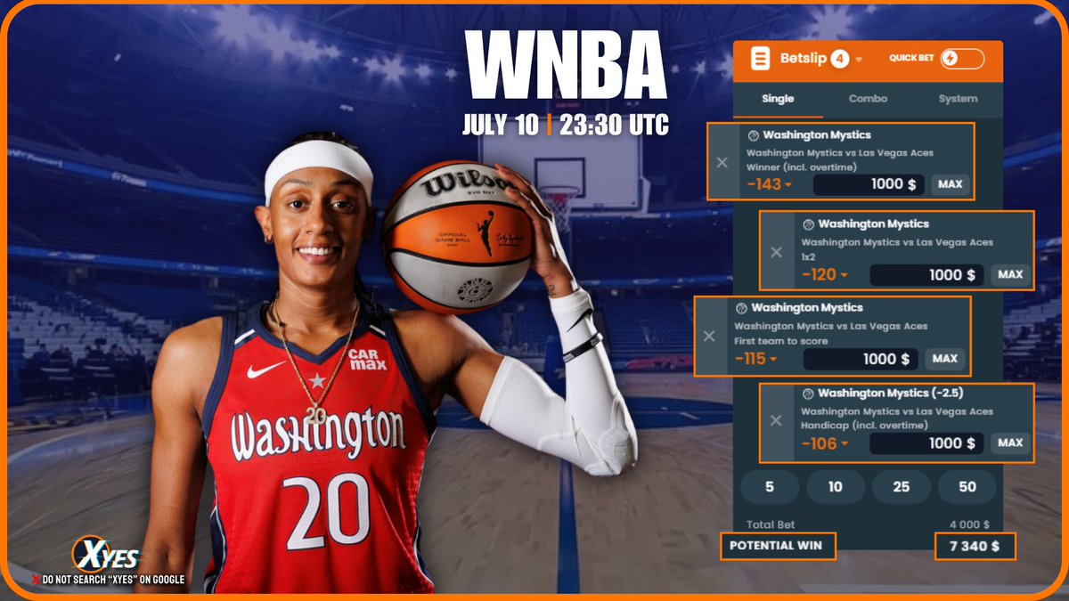 Xyes_com's tweet photo. ๐ Mystics vs Aces โ The W Sparks Fly! ๐ฅ
Weโve locked in our pick โ Washington or Vegas, whoโs taking the W?
๐ Tip-off: July 10 โข 23:30 UTC
๐ธ Odds are live โ place your bet now at ๐ https://t.co/RXG7XV3zEv
#WNBA2025 #XyesBetting #BuiltToBet #GameDayAction https://t.co/IRKZ7qq6lb