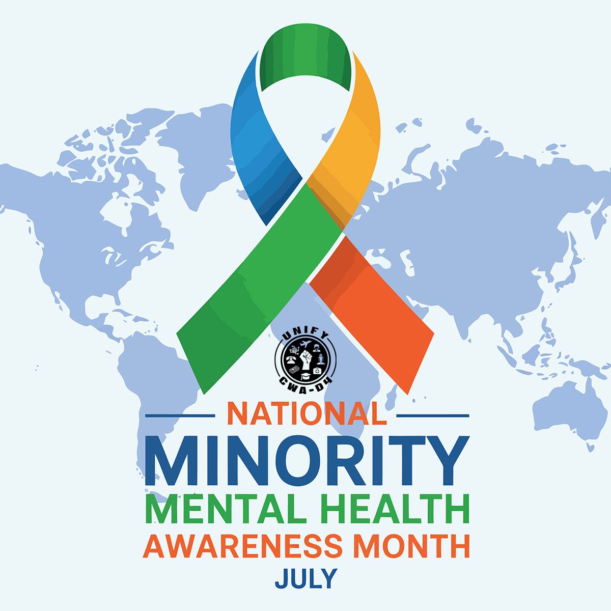 D4CWA's tweet image. July is National Minority Mental Health Awareness Month, started in 2008 to honor Bebe Moore Campbell. Minority workers face unique mental health challenges. True solidarity means fighting for mental health too. Let’s care for the whole worker. #CWAStrong