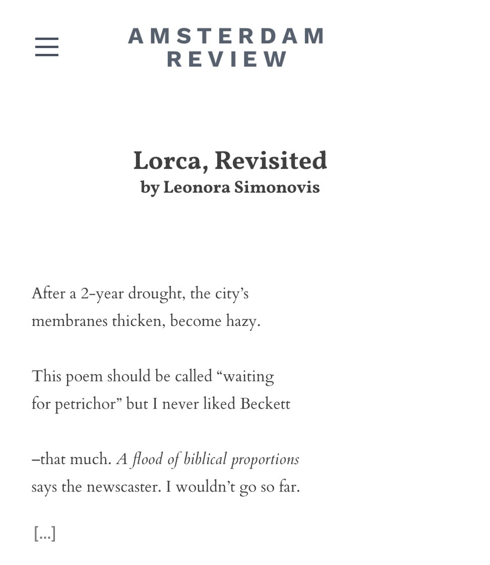 AmsterdamRev's tweet image. "It’s easy to get lost in technicalities, / to science the natural cycles of life"
A poem by 𝗟𝗲𝗼𝗻𝗼𝗿𝗮 𝗦𝗶𝗺𝗼𝗻𝗼𝘃𝗶𝘀 in the Spring 2025 issue
bit.ly/AmsterdamReview
#poetry #poetrycommunity