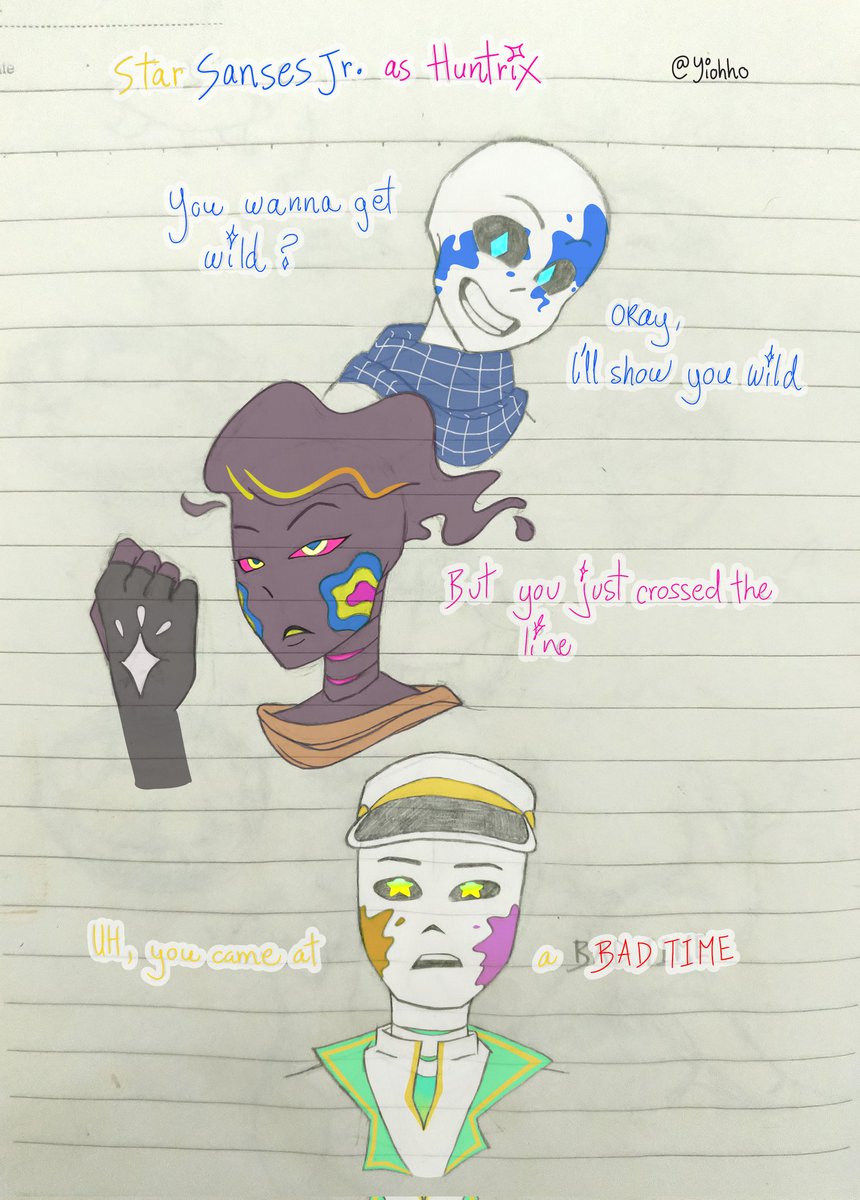 Star Sanses Jr. as Huntrix! 
I LOVE the idea so much! 
Idea by <a href="/ASketchyRose/">~ASketchyRose~</a> 
Desings by <a href="/Underwent04/">Underwent</a> 
#blueprintsans #paperjamsans #pjsans #palettesans #undertaleau #starsanses  #KPOPDEMONHUNTERS