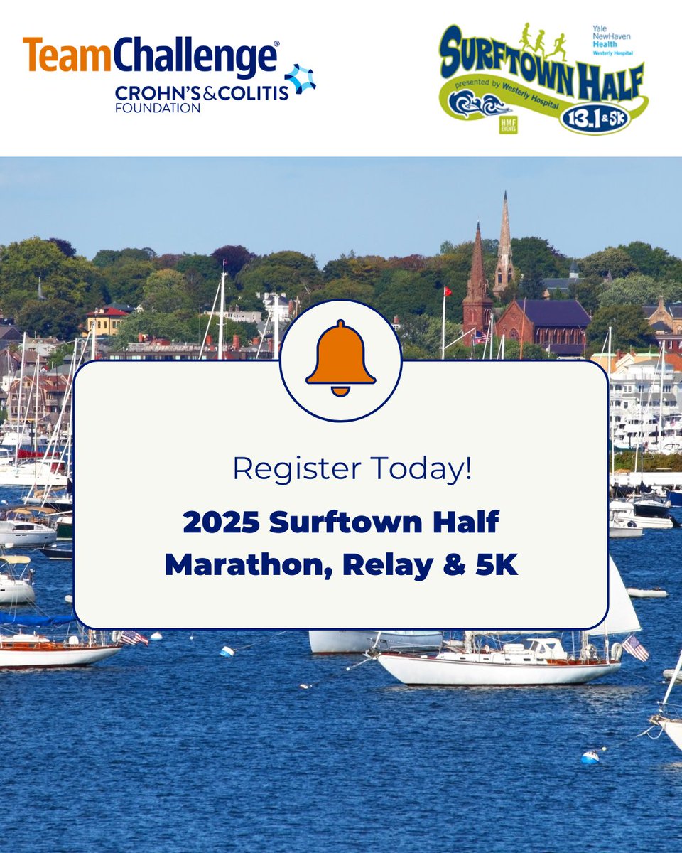 CrohnsColitisFn's tweet image. Take in the stunning views of the Rhode Island shoreline and make your miles meaningful! Join Team Challenge at the 2025 Surftown Half Marathon, Relay & 5K and be part of something extraordinary — run, walk, or relay for the IBD community! bit.ly/4ldFrgU