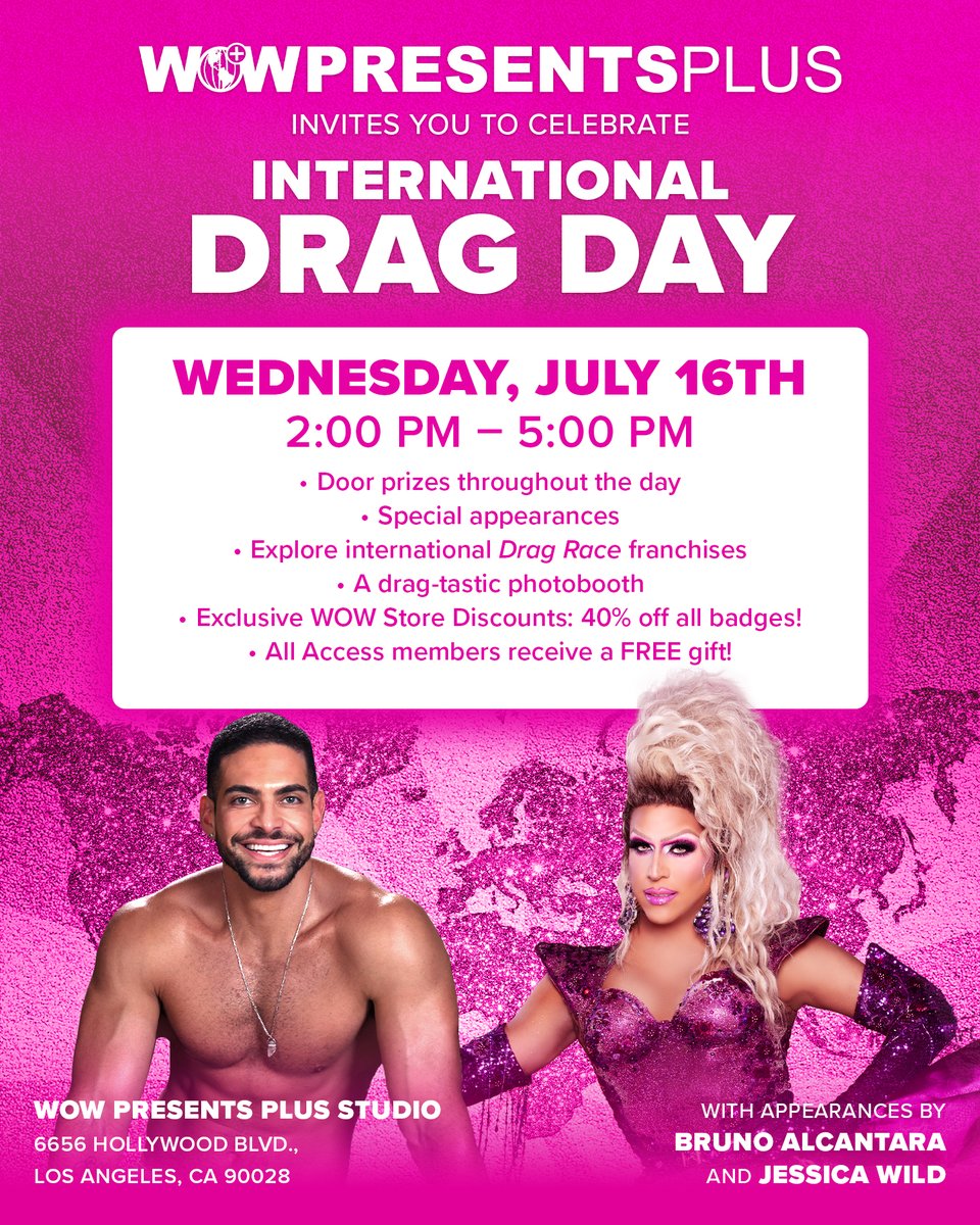 WorldOfWonder's tweet image. Celebrate International Drag Day with @wowpresentsplus! 👠☀️ 

Join Happy Endings host @brunocalcantara and #DragRace legend @jessicawild88 for a special DAYTIME event at the WOW Presents Plus Studio in Hollywood! 🤩

📅: Wed 7/16 from 2PM - 5PM