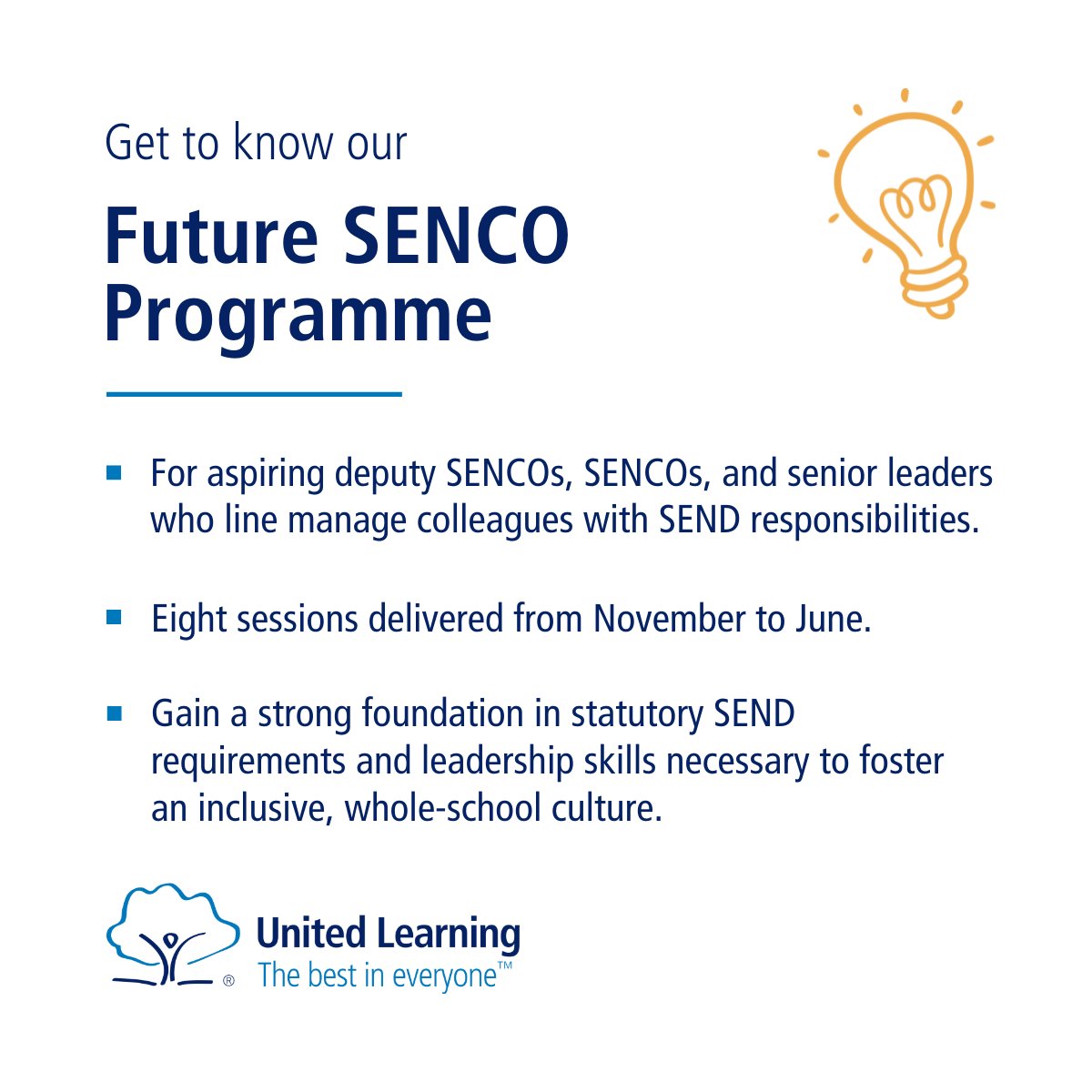 UnitedLearning's tweet image. Bring out the best in every pupil as a SENCO 💪
Our Future SENCO Programme gives you the skills to lead education support staff effectively and create an inclusive, whole-school culture.
Take the next step in your leadership journey: ow.ly/KEiR50Wlve8
#CareerDevelopment