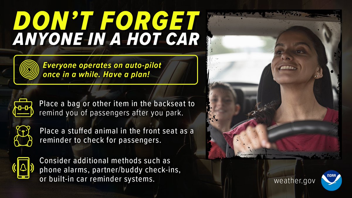 Everyone operates on auto-pilot once in a while. Caregivers should have a strategy to ensure that no one is ever forgotten in a hot car. Always be Weather-Ready. weather.gov/safety/heat-ch…