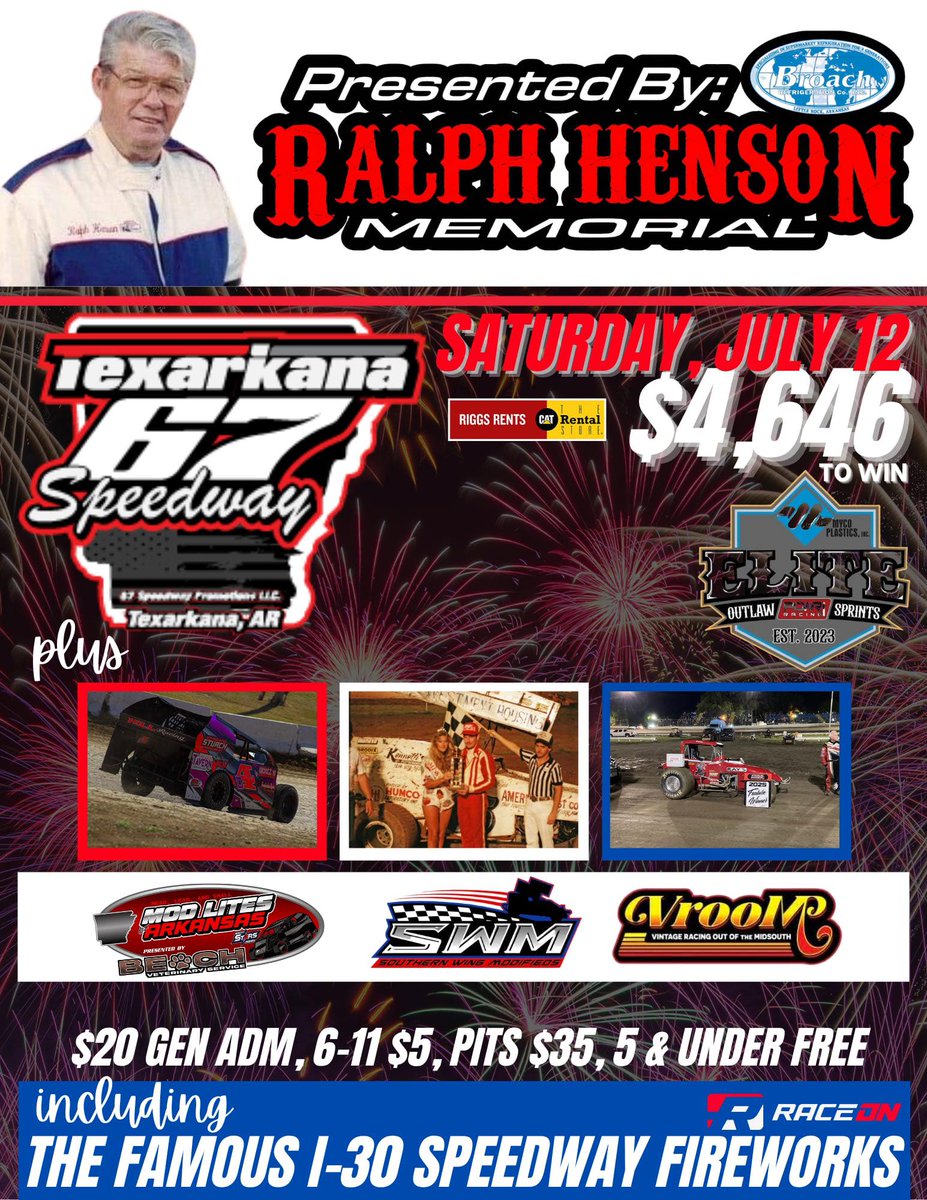 Texarkana 67 Speedway (@texarkana67) on Twitter photo 💥💥THIS SATURDAY NIGHT💥💥
<a href="/POWRi_Racing/">POWRi Racing</a> Elite Winged Outlaws
Southern Winged Outlaws featuring Gary Wright
Mod Lites of Arkansas
VROOM Vintage Series
HUGE Fireworks 💥💥THIS SATURDAY NIGHT💥💥
<a href="/POWRi_Racing/">POWRi Racing</a> Elite Winged Outlaws
Southern Winged Outlaws featuring Gary Wright
Mod Lites of Arkansas
VROOM Vintage Series
HUGE Fireworks