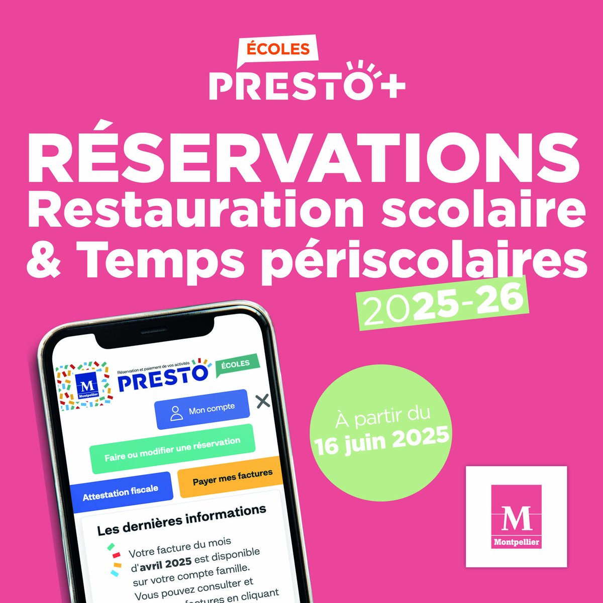 🍽 Les réservations pour la cantine et les temps périscolaires 2025-2026 sont ouvertes !
⚠ Pour pouvoir fréquenter ces services, la mise à jour de votre dossier famille en ligne ou au guichet PREST’O est obligatoire.
Toute l'année ou par période👉 mntp.fr/inscriptionsca…