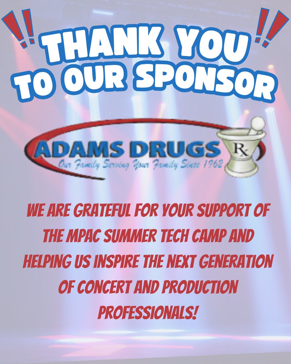 MPAC Theater (@mpactheater) on Twitter photo Thank you, Adams Drugs. Your commitment to community makes this experience possible.
#AdamsDrugs #MPACtheFuture #MPACSummerTechCamp #CommunitySupport #ConcertCareers #ThankYouSponsor Thank you, Adams Drugs. Your commitment to community makes this experience possible.
#AdamsDrugs #MPACtheFuture #MPACSummerTechCamp #CommunitySupport #ConcertCareers #ThankYouSponsor