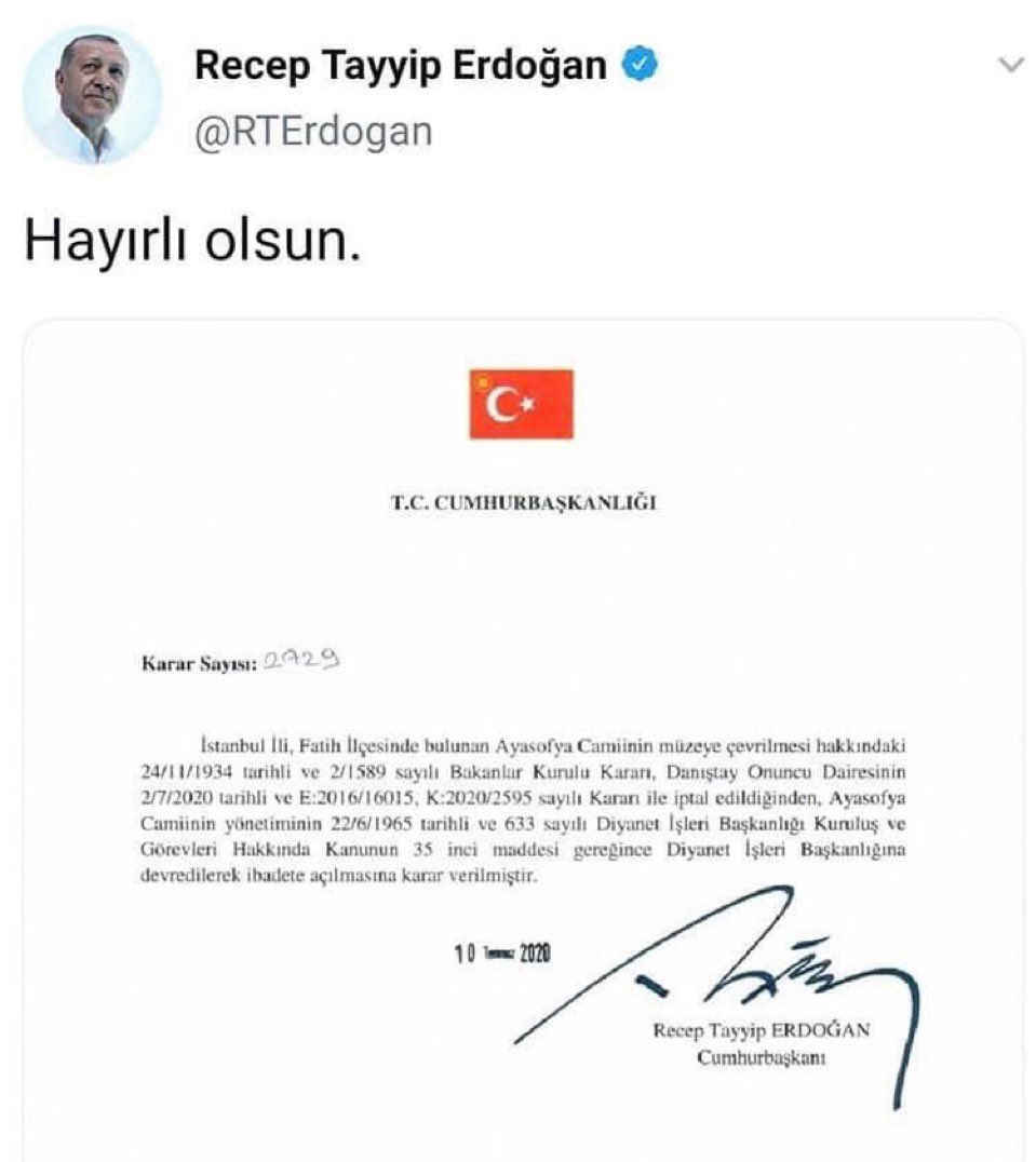 Ayasofya’nın dirilişi; ecdada vefa, ümmete umut, mazlumlara mesajdır.

Zincirler kırıldı, hasret sona erdi.

Bu kutlu dönüşe vesile olan Cumhurbaşkanımız <a href="/RTErdogan/">Recep Tayyip Erdoğan</a>’a şükranla…

#AyasofyaCamii
#ZincirlerKırıldı
#ErdoğanlaAçıldı
