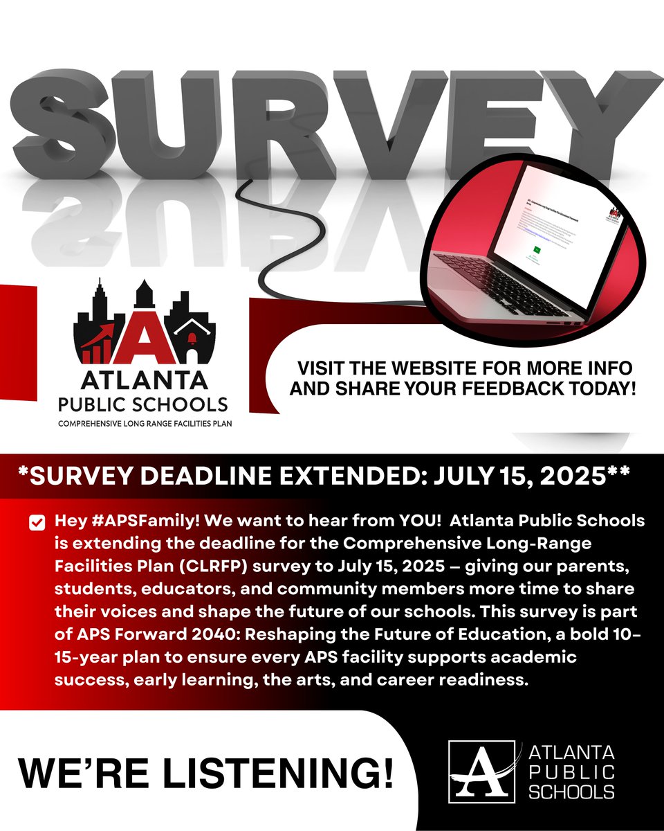 apsupdate's tweet image. Hey #APSFamily! We want to hear from YOU! 🗣️ Atlanta Public Schools is extending the deadline for the Comprehensive Long-Range Facilities Plan (CLRFP) survey to July 15, 2025 — giving our parents, students, educators, and community members more time to share their voices and…