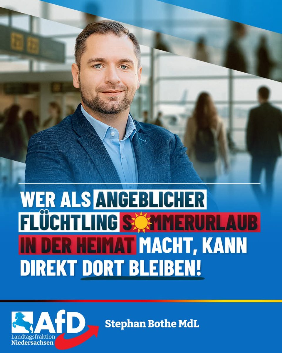 AfDFraktionNDS's tweet image. ++ Urlaub im Herkunftsland? Dort bleiben! ++
„Man muss von Asylmissbrauch sprechen, wenn ‚schutzsuchende‘ Personen in Deutschland um Aufnahme bitten und dann Urlaub in ihren Heimatländern machen“, bekräftigt Stephan @MdlBothe, innenpolitischer Sprecher der #AfD-Fraktion…