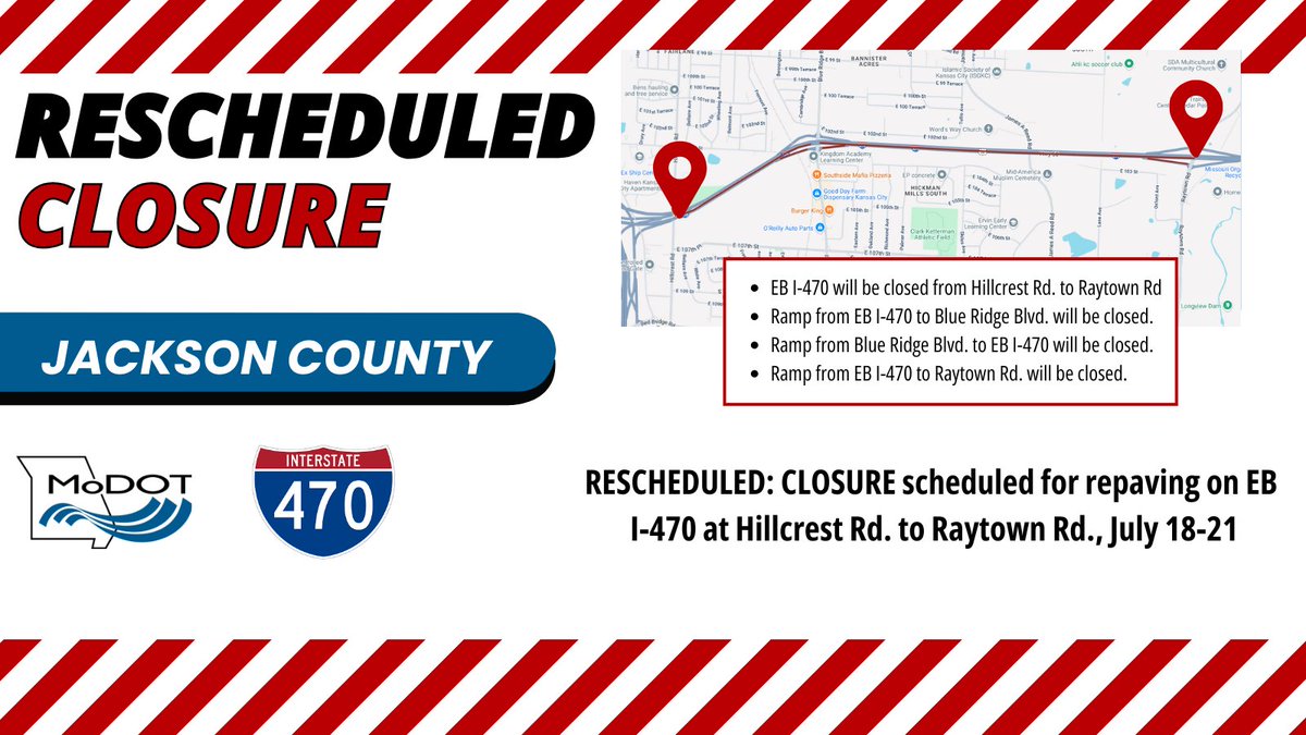 RESCHEDULED: CLOSURE scheduled for repaving on EB I-470 at Hillcrest Rd. to Raytown Rd., July 18-21. #KCTRAFFIC Details: modot.org/node/72006