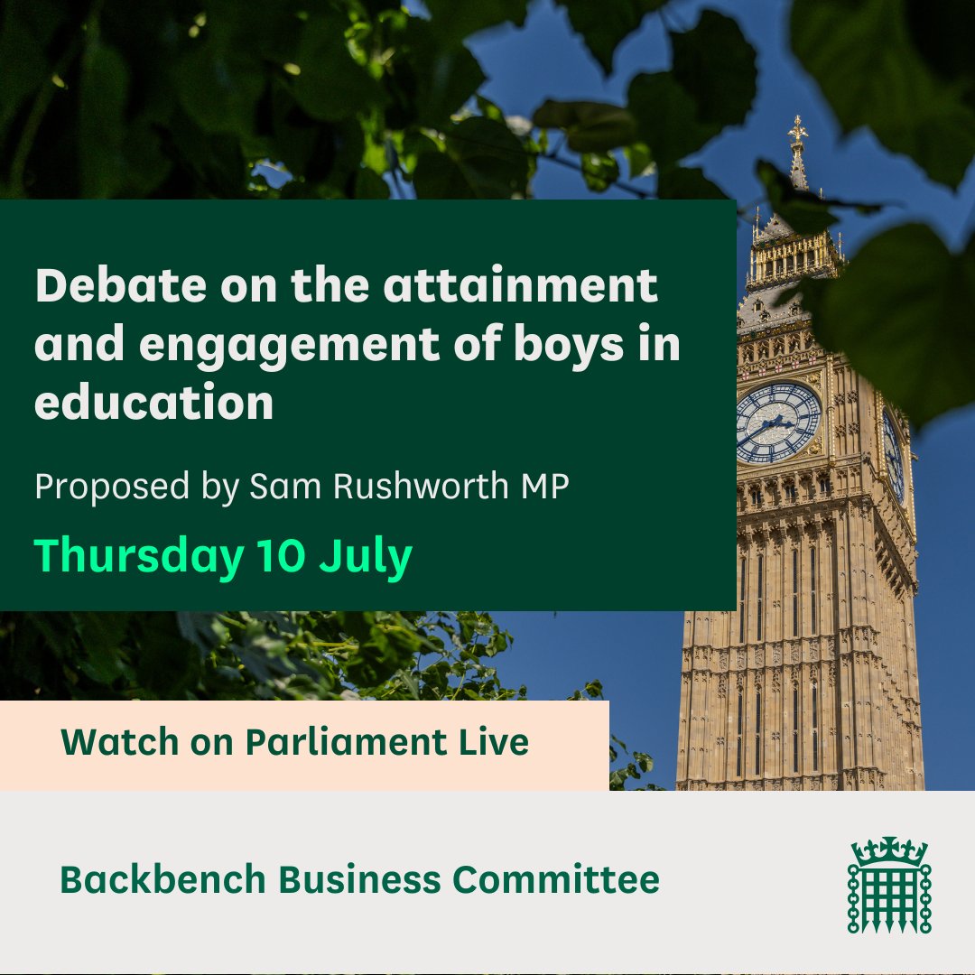 CommonsBBCom's tweet image. MPs are holding a debate on the attainment and engagement of boys in education, put forward by @SamJRushworth
📚Read the @commonslibrary debate pack: commonslibrary.parliament.uk/research-brief…
📺Watch now on Parliament live: parliamentlive.tv/Event/Index/c8…