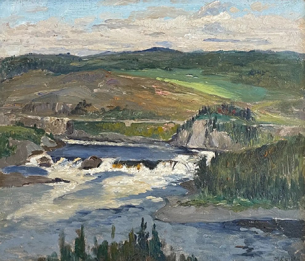 Canadian artist Maurice Cullen's (1866-1934) a master of painting plein air landscapes. 
"Chicoutimi Falls" 1920, oil/panel