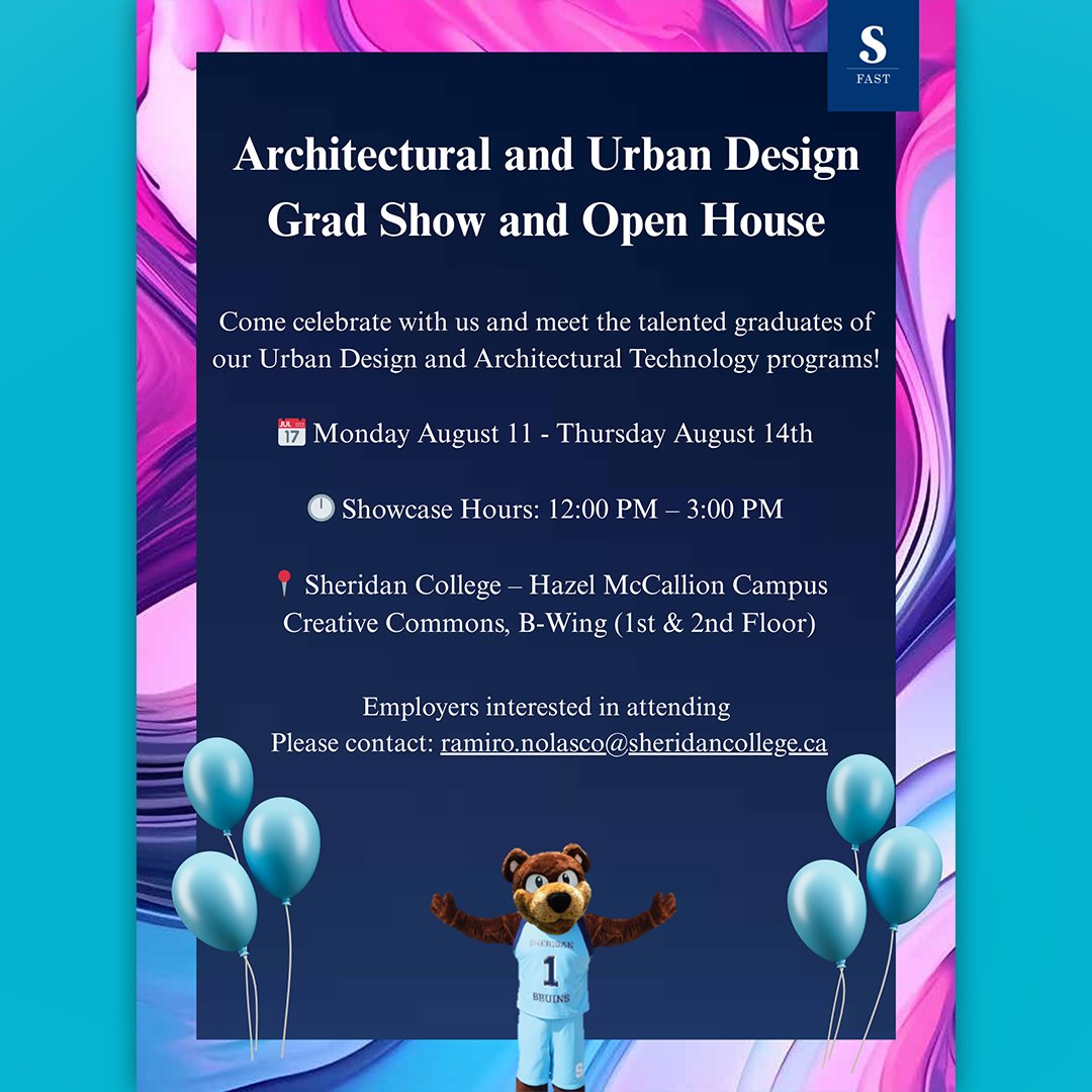 Sheridan FAST (@sheridanfast) on Twitter photo ๐ Architectural and Urban Design Grad Show + Open House ๐๏ธโจ
๐
August 11โ14, 2025
๐ 12:00 PM โ 3:00 PM daily
๐ Sheridan College โ Hazel McCallion Campus
Creative Commons, B-Wing (1st & 2nd Floor)
๐ Employers, RSVP by contacting:
๐ง ramiro.nolasco@sheridancollege.ca ๐ Architectural and Urban Design Grad Show + Open House ๐๏ธโจ
๐
August 11โ14, 2025
๐ 12:00 PM โ 3:00 PM daily
๐ Sheridan College โ Hazel McCallion Campus
Creative Commons, B-Wing (1st & 2nd Floor)
๐ Employers, RSVP by contacting:
๐ง ramiro.nolasco@sheridancollege.ca