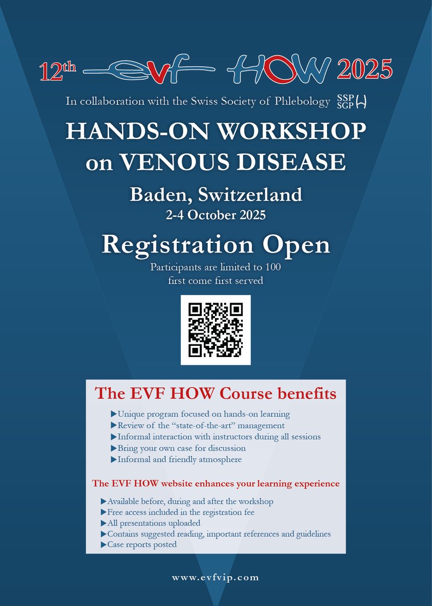 12 weeks to EVF HOW Baden in collaboration with the Swiss Society of Phlebology 2-4 October 2025.

A "unique programme focused on hands on learning" from the "Experts".

Scientific Programme: evfvip.com/12th-annual-ev…

Book before you put the lap top away!