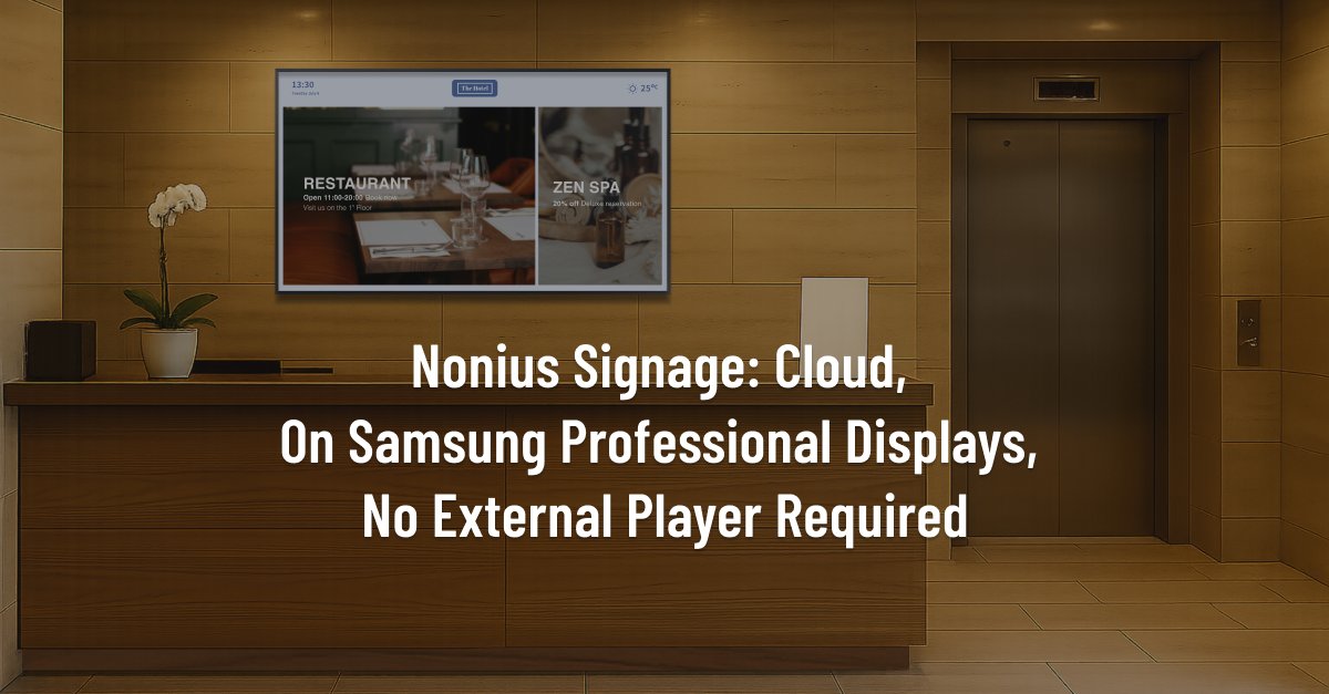 🔈 Nonius Signage: Cloud, on Samsung Professional Displays, No External Player Required

Learn more: noniussolutions.com/2025/07/10/non…

#Nonius #Samsung #NoniusSignage #DigitalSignage #HospitalityTechnology