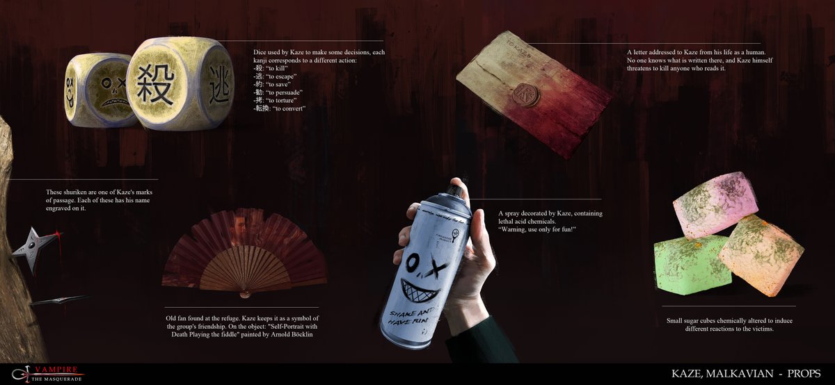 Vampire The Masquerade Project // Kaze, Malkavian // Props 🩸

#concept #conceptart #props #vampirethemasquerade #conceptartist #characterdesign