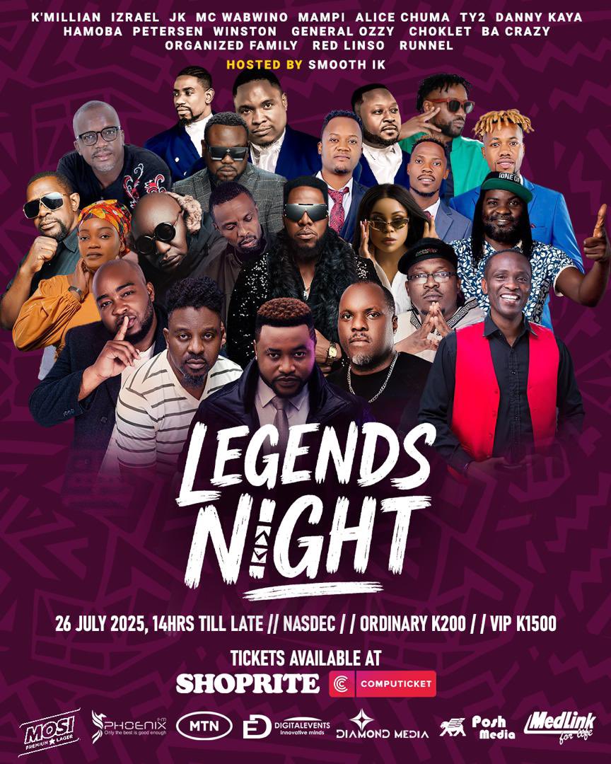 One Stage. All Vibes. Every Legend.
The icons that shaped Zambian music are coming together for one unforgettable night! From K'Millian to Mampi, JK to Hamooba, TY2, Hamoba, Red Linso, Izrael &amp; more—this is the lineup that raised the nation.
📍Legends Night
🗓️ 26 July 2025 | 🕒