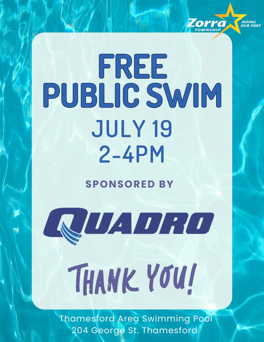 Mark your calendar for a FREE SWIM next weekend sponsored by Quadro! Thanks to Quadro for supporting our community!