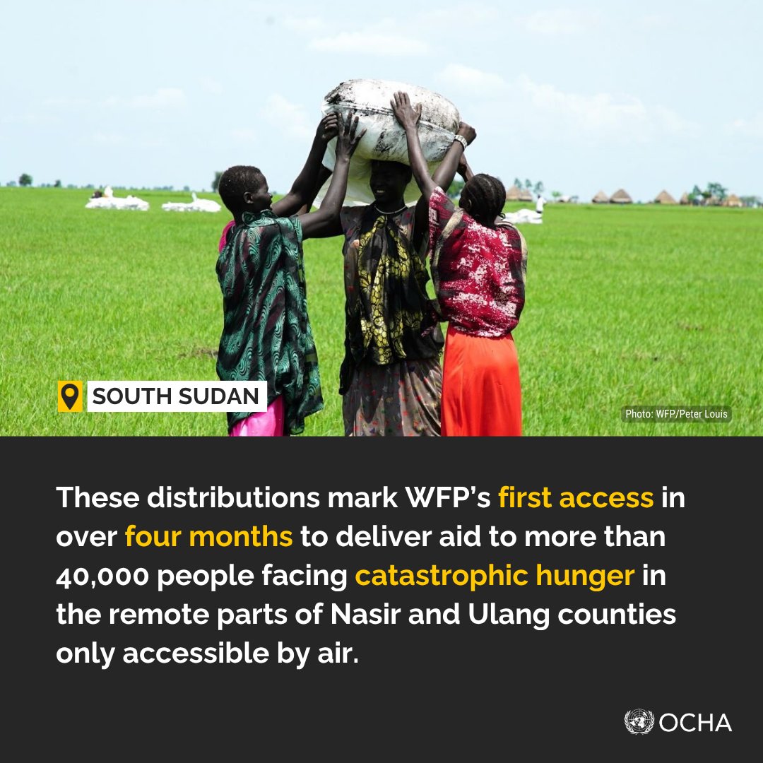 UNOCHA_ROSEA's tweet image. 🆕 📢@WFP has started airdropping food in #SouthSudan’s Upper Nile State where conflict has displaced thousands and pushed some communities to the brink of famine.
Over 1 million people across Upper Nile are facing acute hunger.
wfp.org/news/wfp-airdr…