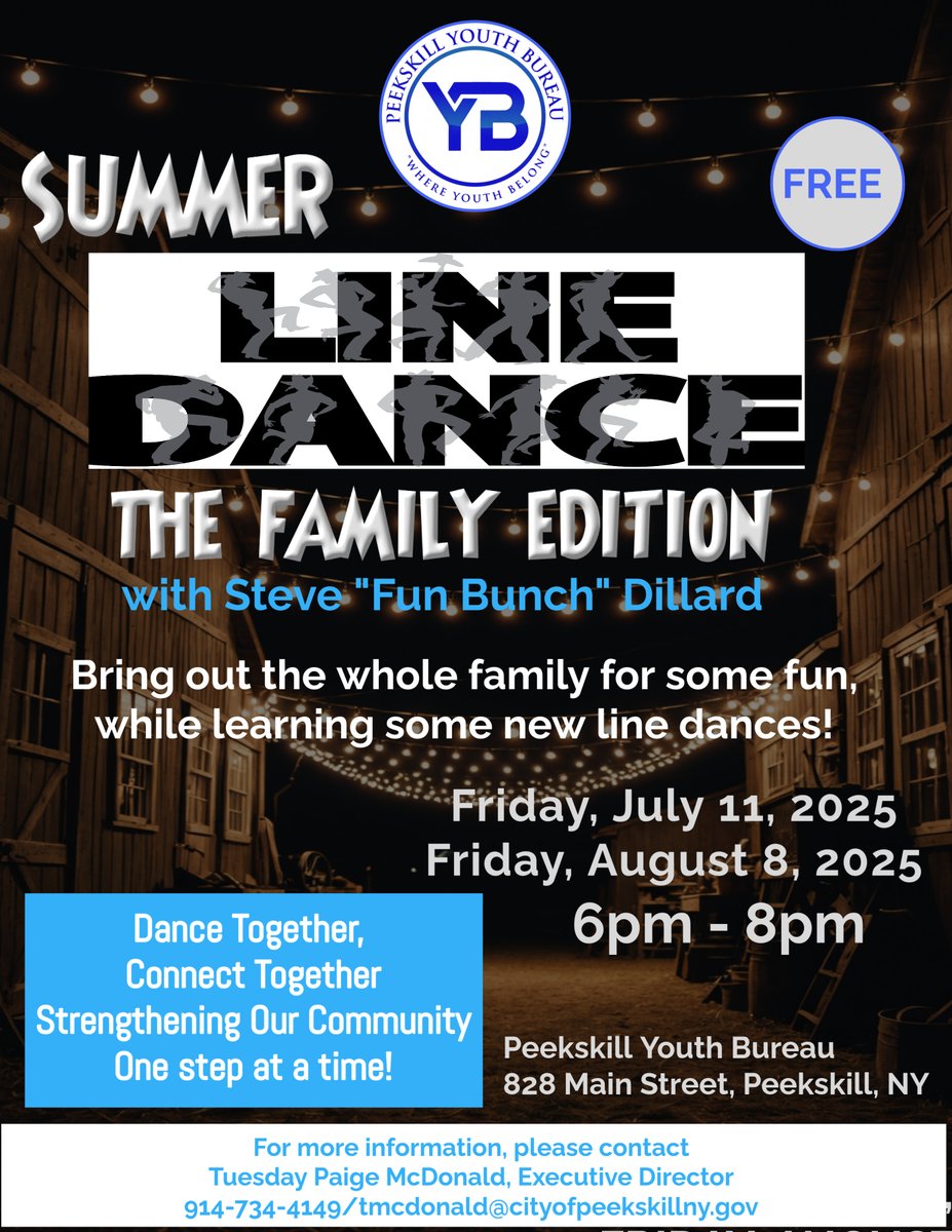 CityOfPeekskill's tweet image. The City of Peekskill Youth Bureau is holding its summer "Boots on the Ground" Family Line Dancing with Steve "Fun Bunch" Dillard this Friday, July 11th from 6:00 pm - 8:00 pm at the Youth Bureau. Bring the family out for some fun all while learning some new line dances.