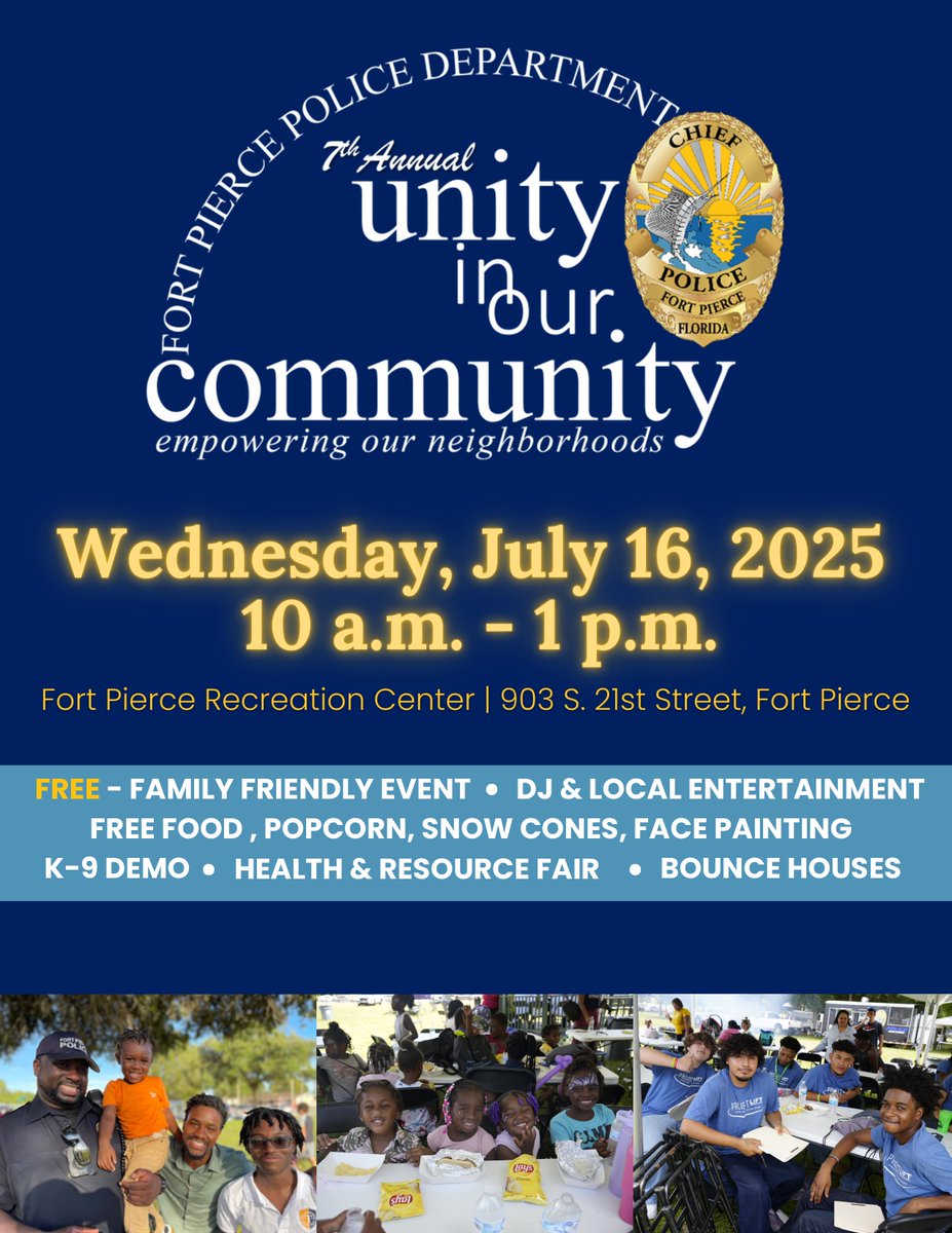 🎉 Join us for the 7th Annual Unity in Our Community on July 16, 2025, 10 AM - 1 PM at Fort Pierce Recreation Center! 
Enjoy free food, face painting, K-9 demos, and more. Everyone is welcome! 🎉 #FortPierceProud #UnityInOurCommunity #FPPD