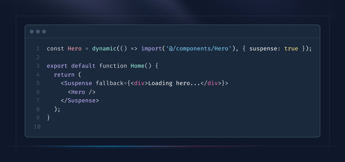 nrachabathuni's tweet image. Boost performance using dynamic imports + suspense + loading UI for above-the-fold content!

#Nextjs #WebPerformance #ReactTips #Nextjs13 #DynamicImport #LazyLoad #SEOtips #WebDev #FrontendDev #JavaScript #CodeOptimization #LoadingUI