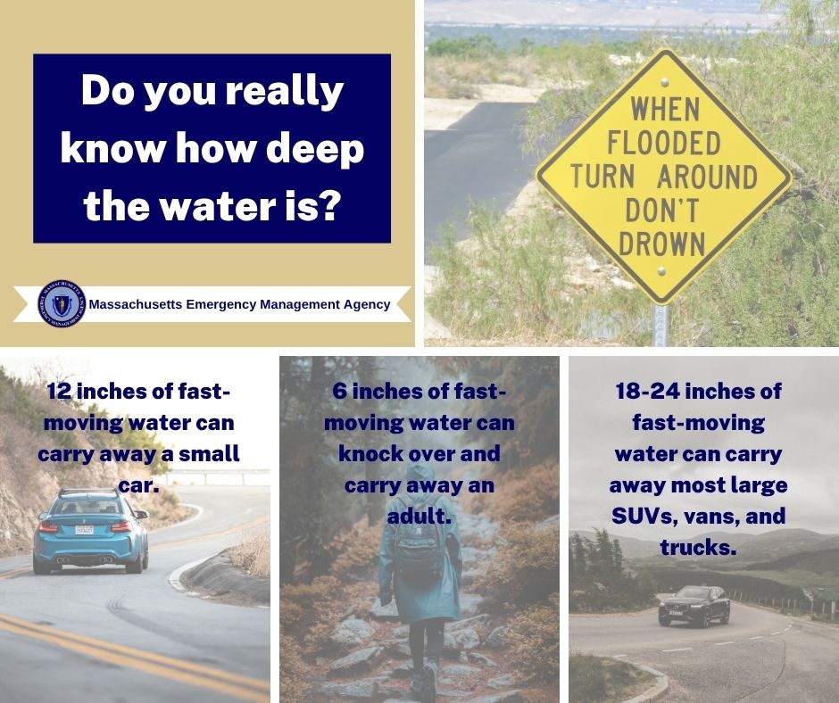 MassEMA's tweet image. Reminder: Don’t drive through flooded roads - “Turn Around, Don’t Drown!” Cars can be swept away in only two feet of moving water. Never drive around road barriers because roads and bridges could be washed out or structurally unsound.